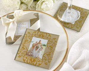 1_27061GD_Gold_PhotoCoaster_M "Golden Brocade" Elegant Glass Photo Coasters
