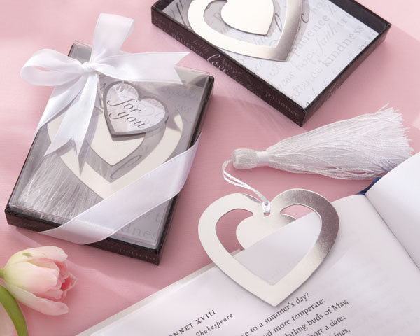 Dainty Wedding Favors for Girly Brides "Love Story" Silver-Finish Heart-Shaped Bookmark with Elegant Silk Tassel