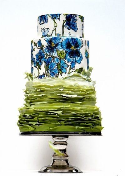 Floral Hand Painted Blue and Green Wedding Cake