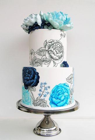 Hand Painted Blue Blossom Wedding Cake