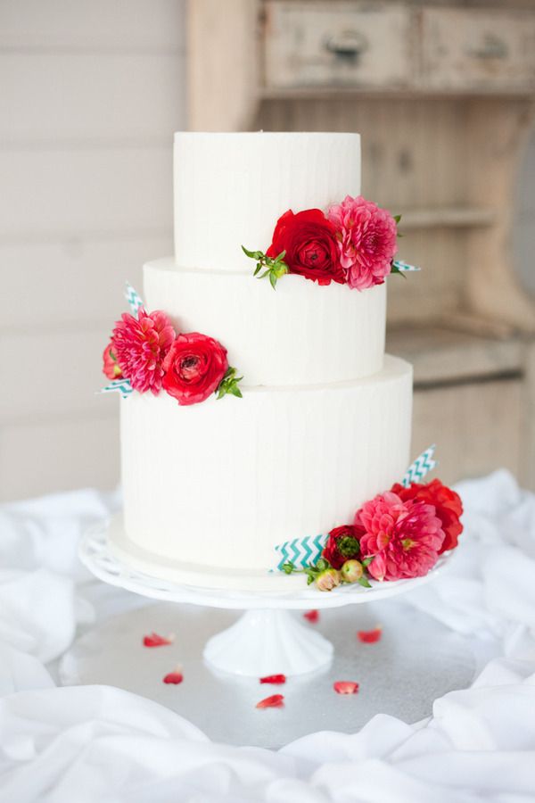 Wedding Palette: Confetti White Wedding Cake with Bright Colored Flowers