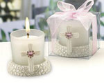 Glass Candleholder Featuring A Cross With A Pink Heart-shaped Rhinestone wedding favors