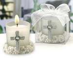 Glass Candleholder Featuring A Cross With A Silver Heart-shaped Rhinestone