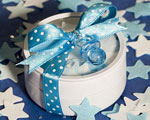 Round Tins Filled With Blue & White Bath Confetti wedding favors