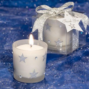 White Frosted Glass Holder With Sparkling Silver Stars wedding favors