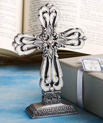 Pewter Color Cross Statue With Ivory Enamel Inlay wedding favors