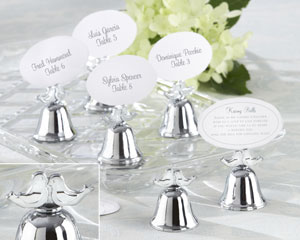"Lovebirds" Silver-Finish Kissing Bell Place Card Holder (Set of 24) wedding favors