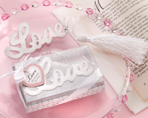 "Words of Love" Silver-Finish Bookmark with Elegant White-Silk Tassel wedding favors