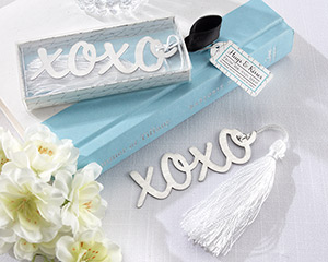 "Hugs & Kisses" Silver-Finish Bookmark with Elegant White-Silk Tassel wedding favors
