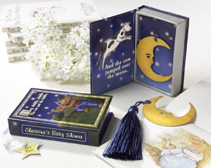 "Over the Moon" Vintage Moon Bookmark with Tassel in Nursery Rhyme Keepsake Book Box wedding favors