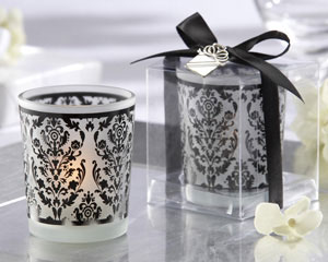 "Damask Traditions" Frosted Glass Tea Light Holder with our Signature Charm wedding favors