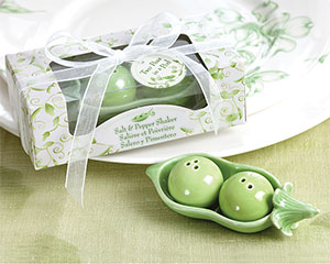 Two Peas in a Pod - Ceramic Salt & Pepper Shakers in Ivy Print Gift Box wedding favors