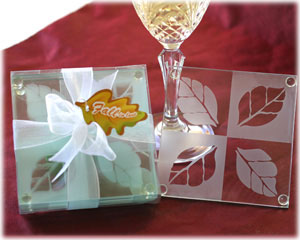 "Fall in Love" Frosted Leaf Design Glass Coaster Set wedding favors