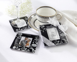 "Timeless Traditions" Elegant Black & White Glass Photo Coasters wedding favors