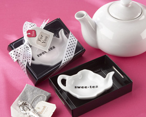 "Swee-Tea" Ceramic Tea-Bag Caddy in Black & White Serving-Tray Gift Box wedding favors