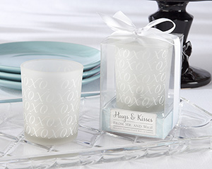 "Hugs & Kisses From Mr. & Mrs." Frosted-Glass Tealight Holder wedding favors