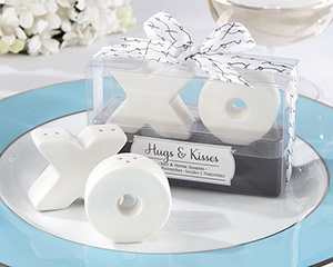 "Hugs & Kisses" Ceramic Salt & Pepper Shakers wedding favors