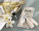 "We Tied the Knot" Elegant Chrome Braided-Heart Bottle Stopper with Tassels and Pearlized Tag wedding favors