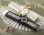 Luxurious Silk Fan in Elegant, Laser-Cut Gift Box (Black or Ivory) wedding favors