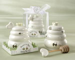 "Meant to Bee" Ceramic Honey Pot with Wooden Dipper wedding favors