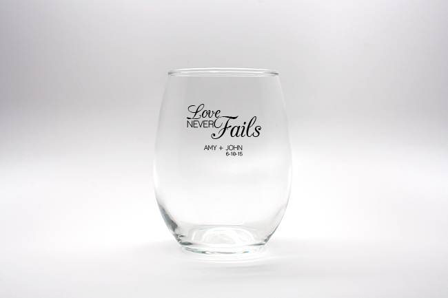 Love Never Fails Personalized Stemless Wine Glasses - 9 oz wedding favors