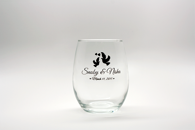 Doves Personalized Stemless Wine Glasses - 15 oz wedding favors