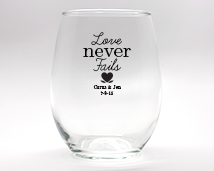 Love Never Fails with Heart Personalized Stemless Wine Glasses - 9 oz wedding favors