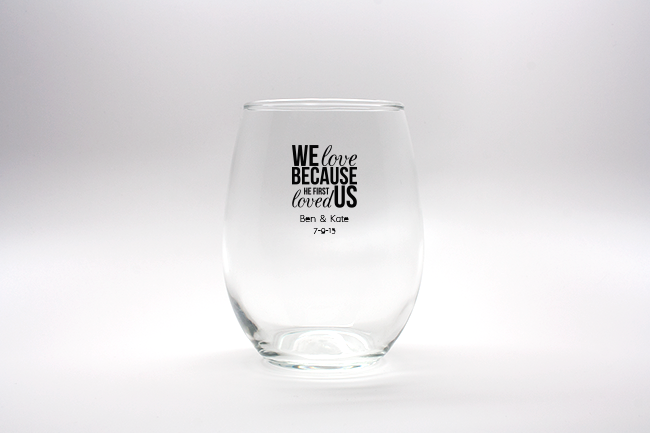 We Love Personalized Stemless Wine Glasses - 15 oz wedding favors
