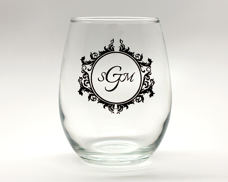 Vintage Monogram Personalized Stemless Wine Glasses - 15 oz wedding favors