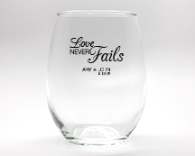 Love Never Fails Personalized Stemless Wine Glasses - 9 oz wedding favors