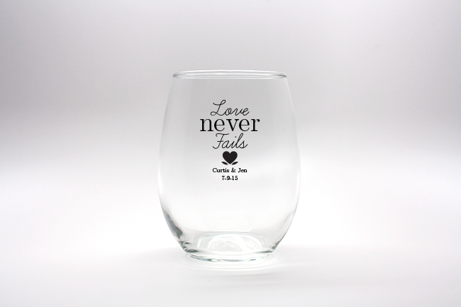 Love Never Fails with Heart Personalized Stemless Wine Glasses - 15 oz wedding favors