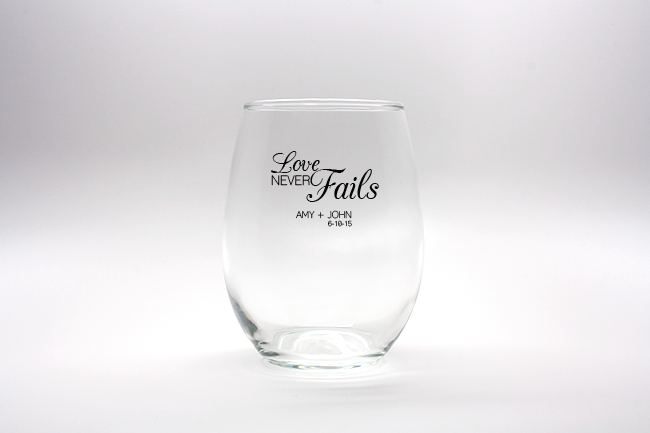 Love Never Fails Personalized Stemless Wine Glasses - 15 oz wedding favors