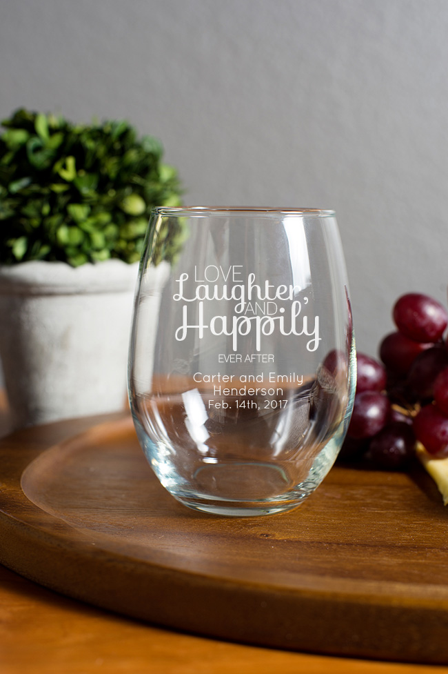 Engraved 15oz Stemless Wine Glass wedding favors