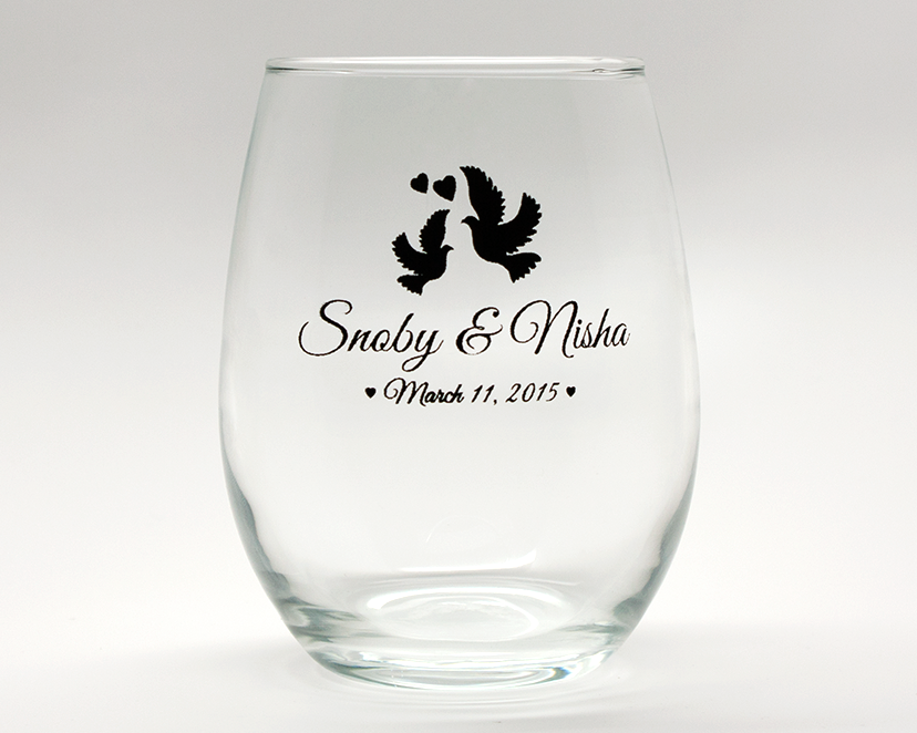 Doves Personalized Stemless Wine Glasses - 9 oz wedding favors