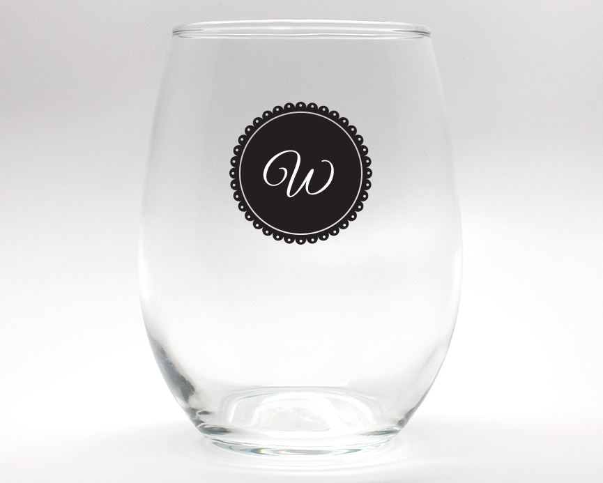 Doily Monogram Personalized Stemless Wine Glasses - 9 oz wedding favors